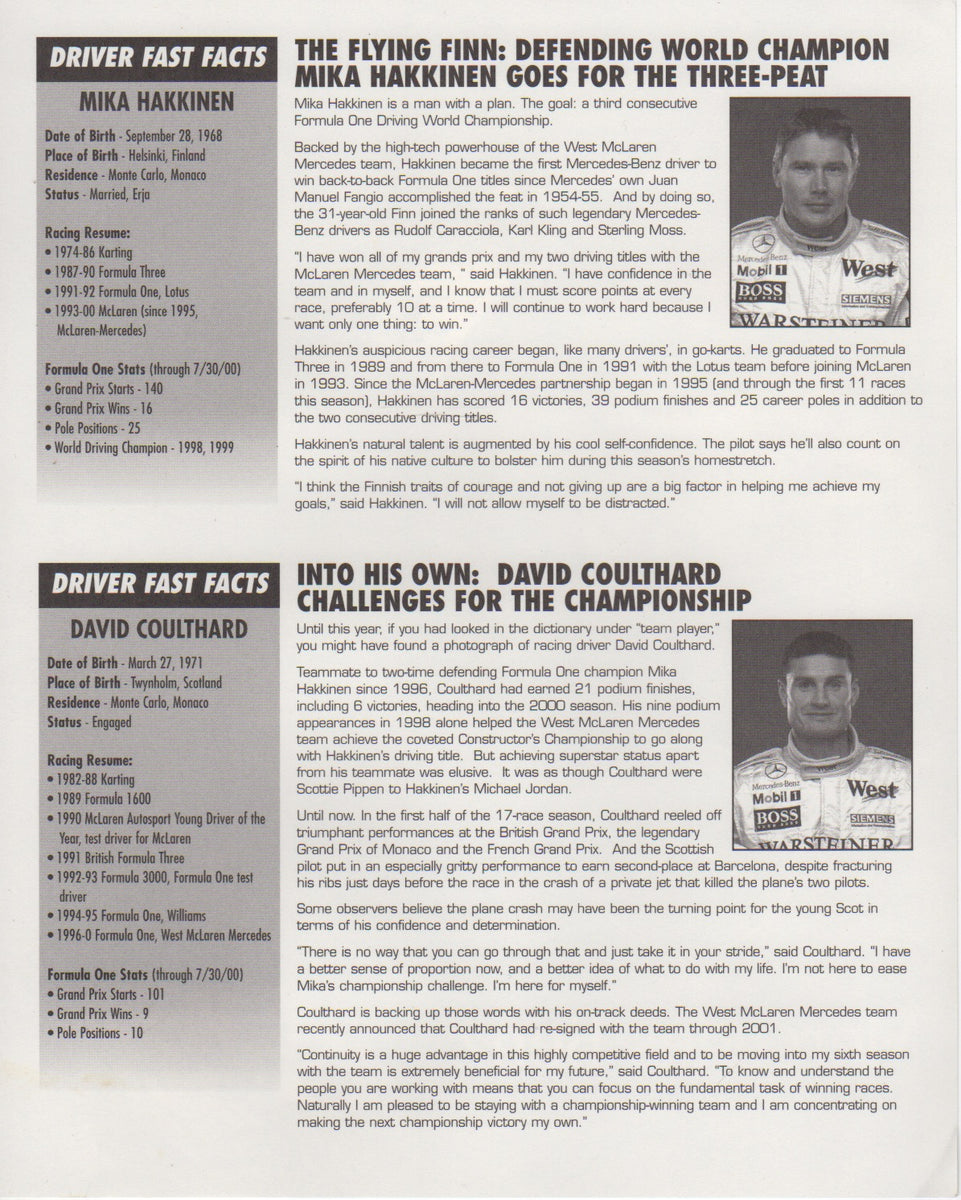 West McLaren Mercedes 2000 Team Info Card – Albaco Collectibles